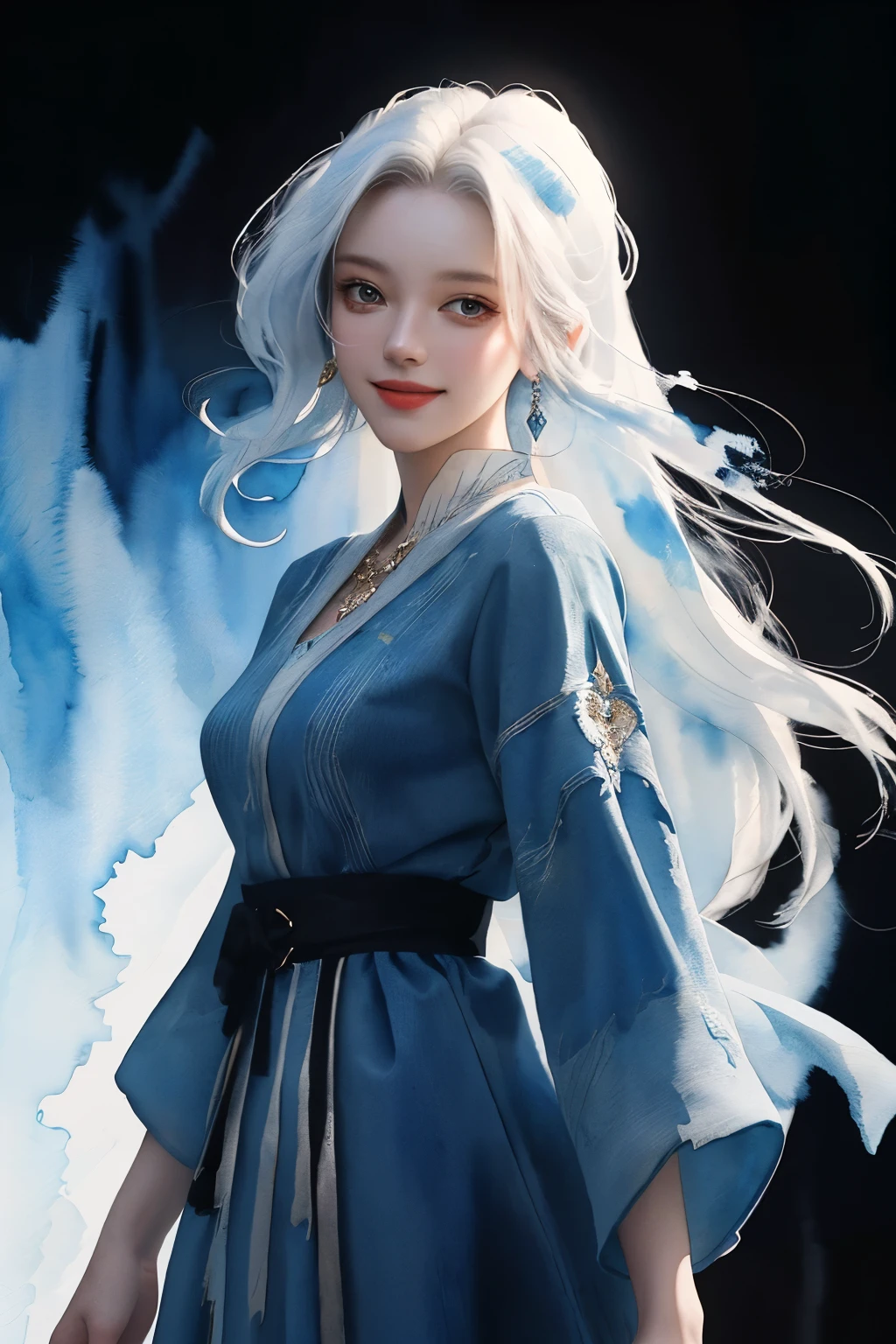 Masterpiece, 4K, Best Quality, Absurd, White Background, Smile, (Masterpiece, Top Quality, Best Quality, Official Art, Long White Hair, Beauty and Aesthetics: 1.2), Extreme Detail, Colorful, Highest Detail, (Watercolor: 1.3), Optical Mixing, Playful Patterns, Lively Textures, Rich Colors, Unique Visual Effects, (Masterpiece, Top Quality, Official Art), (Light Painting), (Long Exposure: 1.2), Dynamic Stripes, Extreme Detail, Black Painting, Red and Black, Captured candid moments, falls, shawls, hc_gown, a woman in a chic blue dress adorned with shiny jewelry, denim shots,