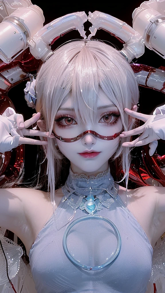 (best qualityer,highres),(Realistic:1.37),(conceptual artwork),(portraits),(Mysterious transparent creature with red blood being observed by scientists wearing masks in laboratory),(circunstanciado,Scientific laboratory),(Special Containment Unit),(Advanced Search Center),(intense focus),(Ablaze,clinical lighting),(glass tanks),(scientific instruments),(Biochemical analysis),(Experiences),(exposing metamaterial properties),(surprising visual impact),(hauntingly beautiful),(ethereal atmosphere),(subtle glow),(submerged in fluid),(unearthly,unearthly:1.1),(Enigmatic,puzzling:1.2),(chic,graceful movements),(curious scientists),(meticulous documentation),(captivating,unpredictable),(Discovering the unknown),(infinite possibilities),(intense curiosity),(Wh ite) Cyberpunk style