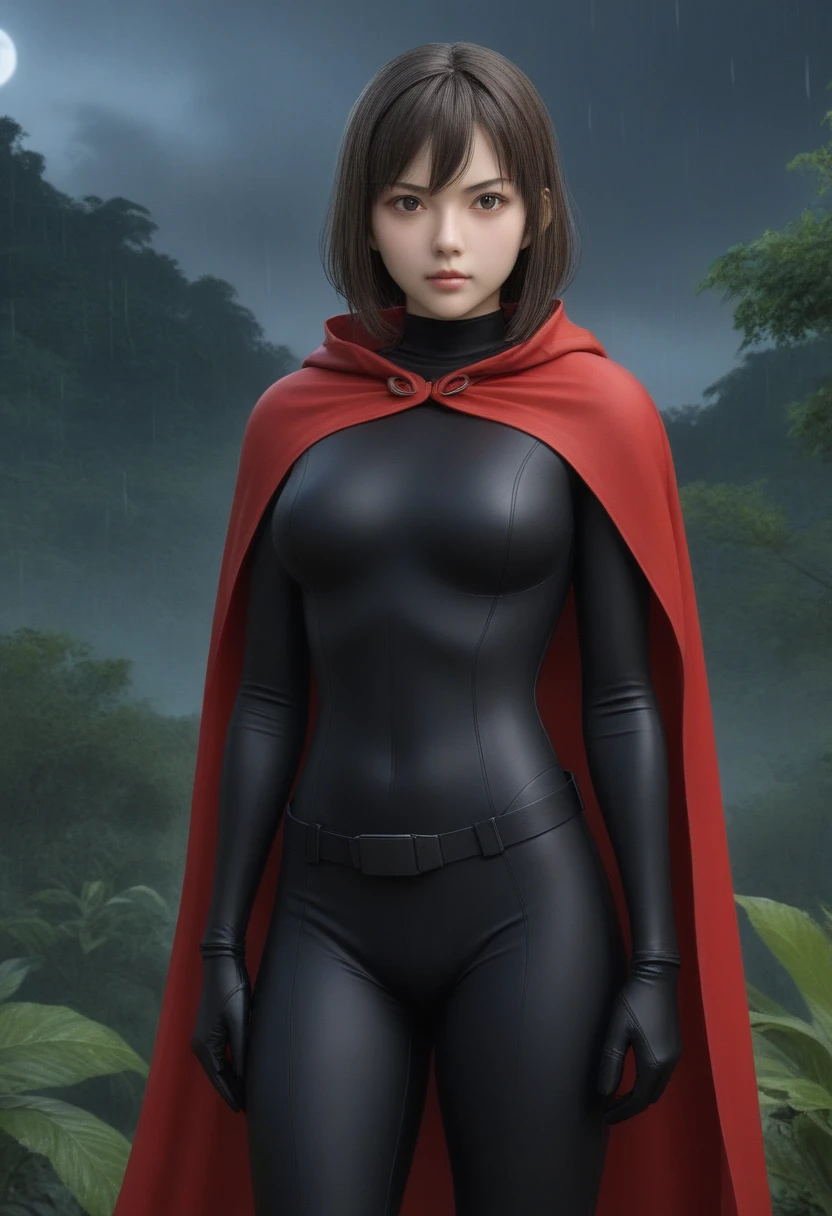 zPDXL, source_anime, BREAK Trilla, helmet with red visor, cape, armor,black gloves,tight bodysuit,black cape,black pants, BREAK close-up, solo, standing, front view, medium breasts, hands on hips, wide hips, BREAK x3dce, 3d, jungle background, dense vegetation, rain, night, night sky,

