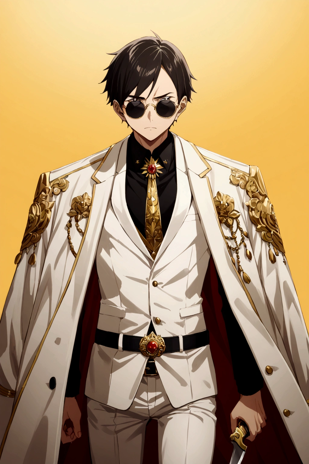 Kyotaro Ichikawa (My friend and I), defined body, very serious expression, round sunglasses, An open white suit jacket with black details on the shoulders., a black shirt under the suit with a skinny tie that has a gold brooch with a wolf figure. his belt, It has a large, decorative buckle, white dress pants, blood stained clothes, elegant clothes, holding a knife with a golden handle. Alone, yellow background 