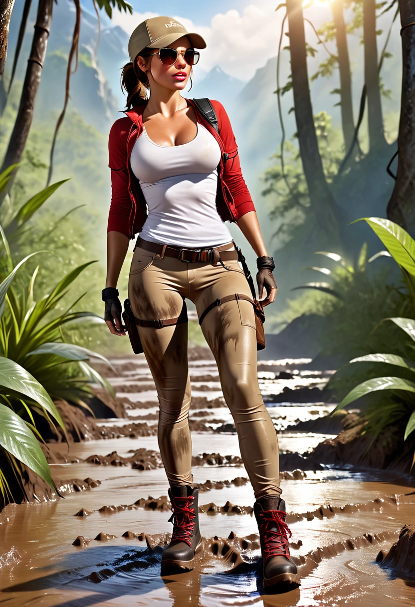 (Lara Croft, Slim sexy body girl, long legs), hiking boots, (covered of mud washed-out beige dirty long tight jeggings:1.5), (open khaki military long sleeves jacket), (tight white top with cleavage and nipples), (baseball cap), (leather gloves). (small red round sunglasses) (spreading legs wide showing crotch).Ultra-realistic. Vibrant colors. Sunny. 