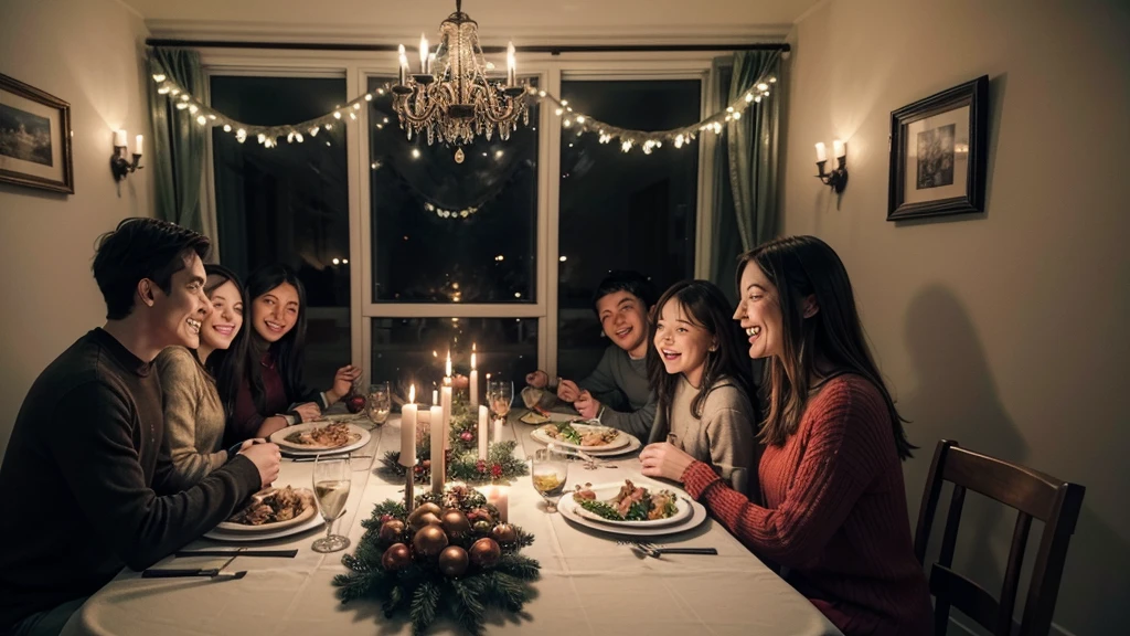 Prompt 1: Festive Family Feast

A joyful family gathered around a dinner table adorned with festive decorations, colorful lights illuminating the scene, everyone smiling and expressing happiness, a cozy and warm atmosphere, details of delicious food and cheerful conversations.

Negative prompt: empty table, dark room, sad expressions, plain decorations, lack of lights, cold and uninviting atmosphere, minimal food, no interaction.

Prompt 2: Celebratory Dinner Gathering

A close-knit family enjoying a festive dinner together, the table set with elegant decorations and vibrant lights, everyone displaying happy expressions, a warm and inviting environment, elements of a holiday celebration, and a sense of togetherness.

Negative prompt: formal setting, no decorations, serious expressions, dull lighting, sparse table, isolated individuals, no sense of festivity, uninviting atmosphere.

Prompt 3: Joyful Holiday Dinner

A family united around a beautifully decorated dinner table, colorful festive lights adding to the ambiance, everyone beaming with happiness, a cozy and inviting setting, detailed decorations, and a sense of warmth and celebration.

Negative prompt: lack of decorations, dim lighting, unhappy faces, sterile environment, no food, minimal interaction, plain and unadorned table, cold atmosphere.

Prompt 4: Warm Family Celebration

A happy family gathered for a festive dinner, the table adorned with vibrant decorations and colorful lights, joyful expressions on everyone’s faces, a cozy and comfortable atmosphere, detailed food presentation, and a sense of love and togetherness.

Negative prompt: unfriendly faces, absence of decorations, dark and cold environment, minimal lighting, empty table, lack of warmth, sparse decorations, unengaged family members.

Prompt 5: Festive Family Reunion

A family joyfully assembled around a dinner table, festive decorations and colorful lights setting the scene, everyone showing happy and content expressions, a warm and cozy e