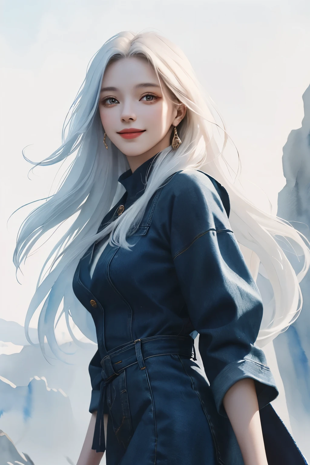 Masterpiece, 4K, Best Quality, Absurd, White Background, Smile, (Masterpiece, Top Quality, Best Quality, Official Art, Long White Hair, Beauty and Aesthetics: 1.2), Extreme Detail, Colorful, Highest Detail, (Watercolor: 1.3), Optical Mixing, Playful Patterns, Lively Textures, Rich Colors, Unique Visual Effects, (Masterpiece, Top Quality, Official Art), (Light Painting), (Long Exposure: 1.2), Dynamic Stripes, Extreme Detail, Black Painting, Red and Black, Captured candid moments, falls, shawls, hc_gown, a woman in a chic blue dress adorned with shiny jewelry, denim shots,
