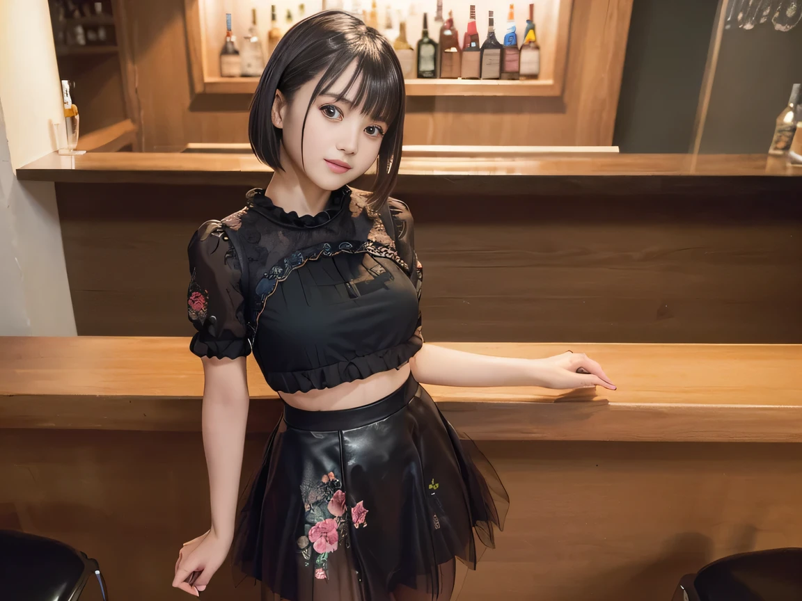 (Highest quality, masterpiece, Ultra-high resolution, 8K, RAW Photos, Realistic, Anatomically correct:1.5), 20-year-old girl:1.2, Embarrassing, avert your eyes, blush:1.0, View Viewer, ((Bar Lounge)) 、Large windows、Night view、 Light:1.2, Bokeh, Cinema Lighting:1.0, Depth of written boundary, sharp、 Cute face、Idol、(Black short sleeve tulle top)、(Black flared skirt)、(Black clothing)、”(dwarf)”、(Floral clothes)、(Full Body Shot)、Side angle、Cowboy Shot、 smile、(Ultra short hair)、(Short bob cut)、(Straight bangs)、(( One Girl))、Large Breasts、(Navel shows through)、