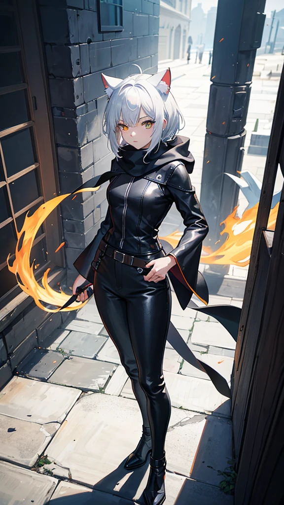 work of art, best qualityer, high resolution, 1 girl, synonym 1, scarf, short hair, mitts, ninja mask, long sleeves, leather pants, White hair, Cat's ears, cat tail, roupas de rogue, leather pants, holding, holding faca, heterochromia, yellow eye, blue eye, 14 eyes old, hooded cloak, rogue rpg, rpg, ninja, ruins, medioval