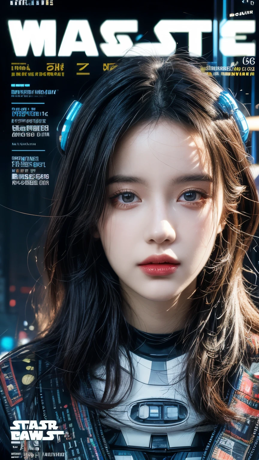 (Magazine Cover:1.3),Urzan-6500, (Realistic: 1.3) (original: 1.2), masterpiece, Highest quality, Beautiful pretty face, whole body, One girl, Glitch Art, (Digital Distortion), Pixelated Fragments, Data Corruption,Colorful Noise, Visual clutter,Modern aesthetics, big firm bouncing busts, sexy long legs, star wars, spaceship