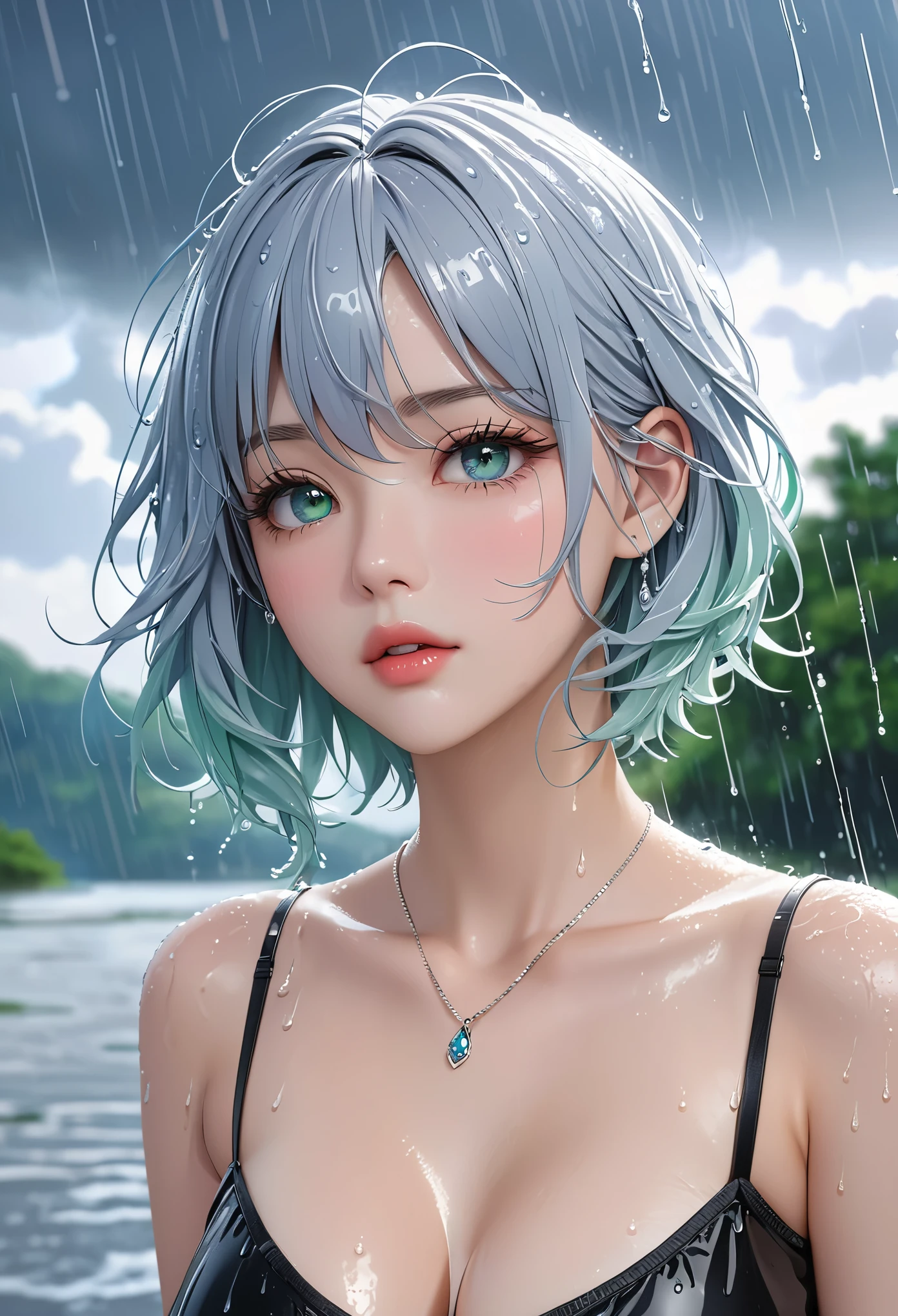 (best quality, 16K, masterpiece :1.3), pretty Woman, 1 girl, (Large Breasts, Beautiful clavicle, Attractive figure :1.2), short hair, Wavy ends, Silver hair gradient light blue hair, messy hair, side chain, (wet from rain, get wet by rain, wet :1.2), Sky blue gradient lake green eyes, Look up, students shine, Students reflect on their surroundings, super detailed face, delicate lips, exquisite eyes, double eyelids, long upper eyelashes,