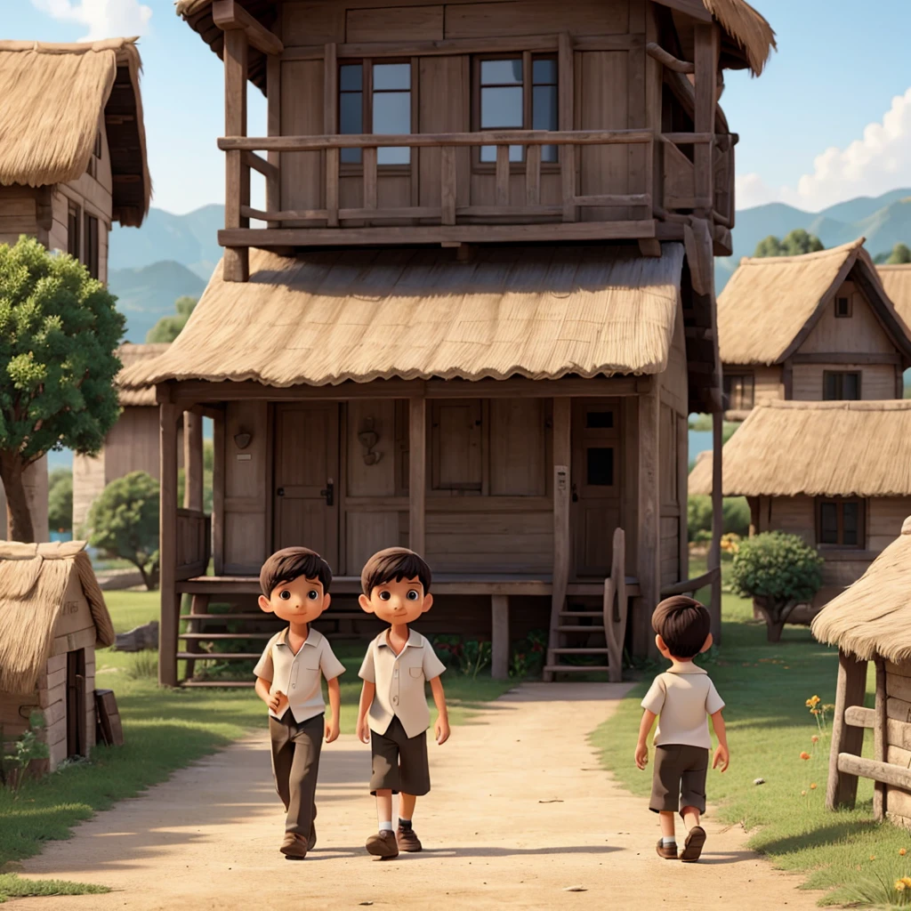 Two young boy friends walk  in village