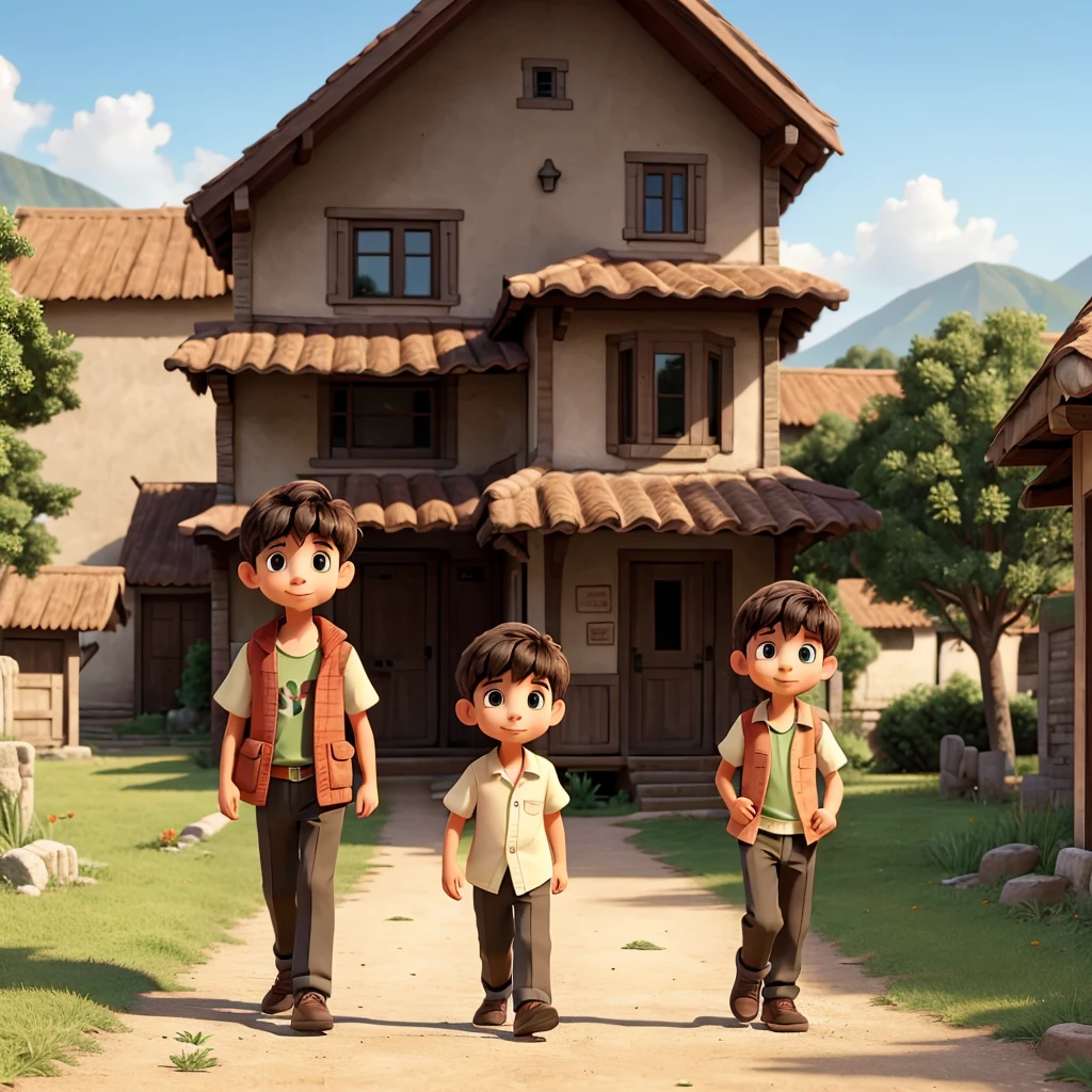 Two young boy friends walk in village