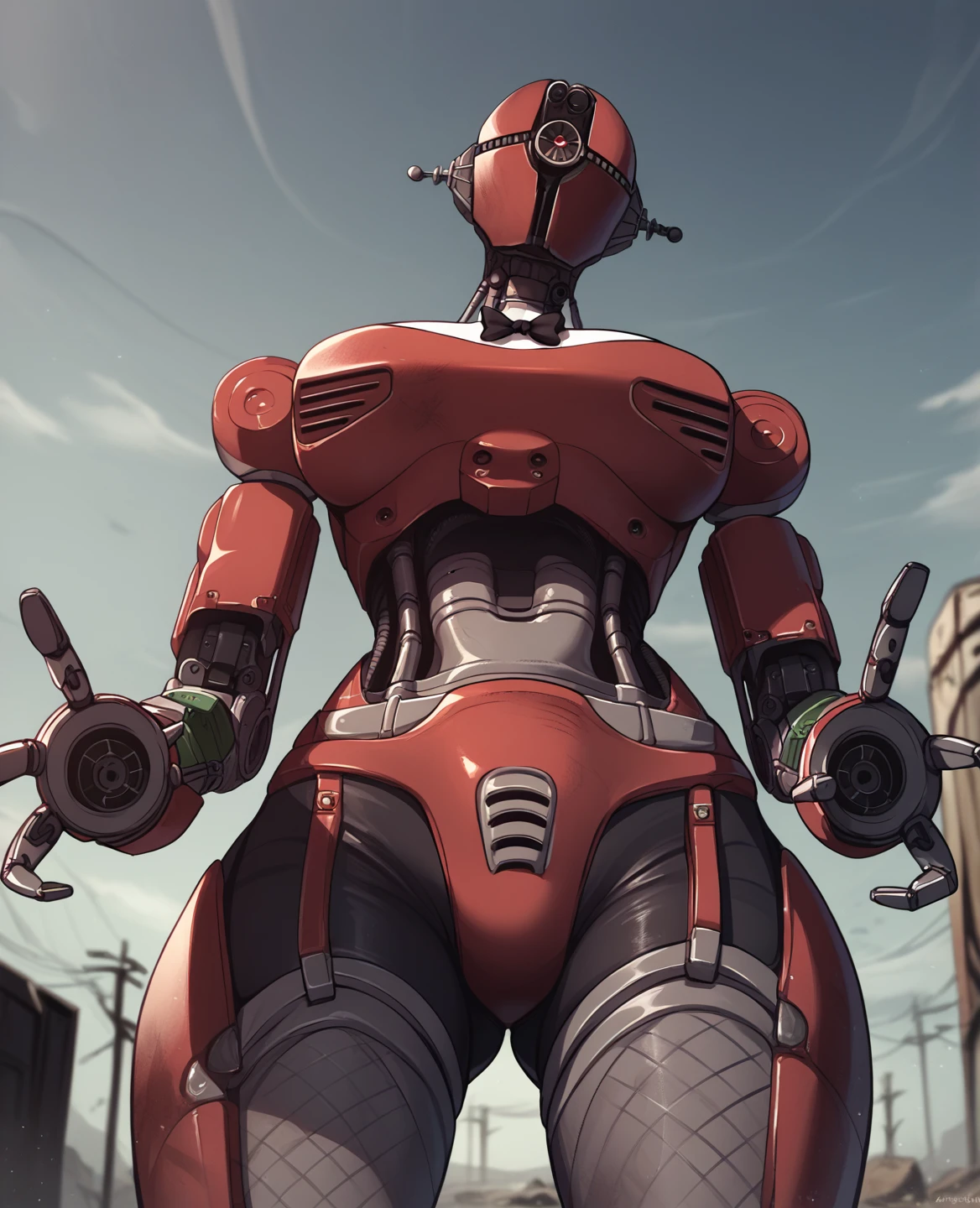 score_9, score_8_up, score_7_up, score_6_up, score_5_up, source_furry, assaultron, fallout, 1girl, solo, breasts, looking down at viewer, robot, humanoid robot, robot joints, one-eyed, joints, no humans, red skin, mechanical arms, crotch plate, science fiction, post-apocalypse, outside, red armor, robotic hand, 5 fingers, full figure, large breasts, thick thighs, white fishnet and garter belt, black bowtie, white collar, white wristcuffs, looking down between thighs, viewer looking up,