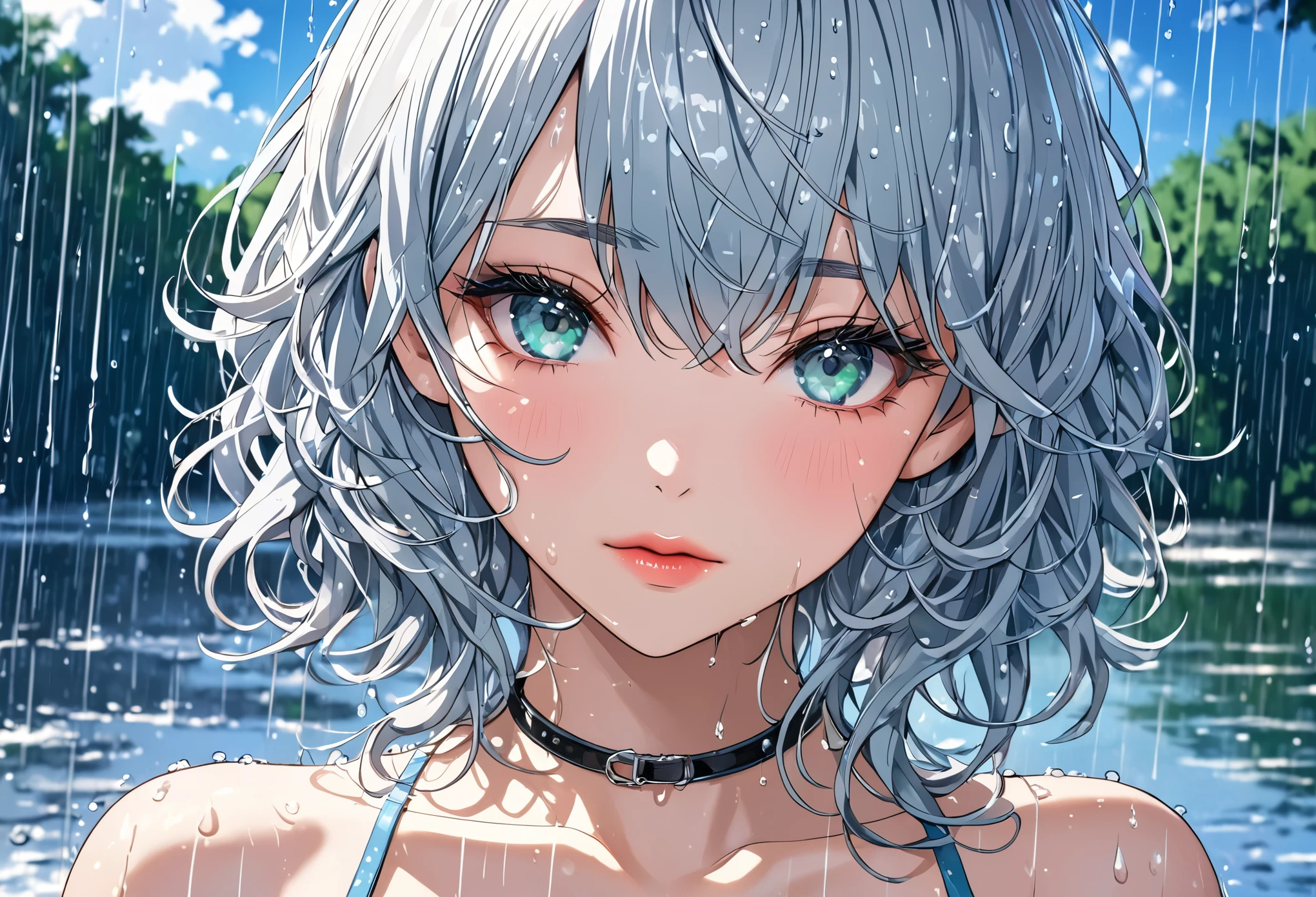 (best quality, 16K, masterpiece :1.3), pretty Woman, 1 girl, (Large Breasts, Beautiful clavicle, Attractive figure :1.2), short hair, Wavy ends, Silver hair gradient light blue hair, messy hair, side chain, (wet from rain, get wet by rain, wet :1.2), Sky blue gradient lake green eyes, Look up, students shine, Students reflect on their surroundings, super detailed face, delicate lips, exquisite eyes, double eyelids, long upper eyelashes,