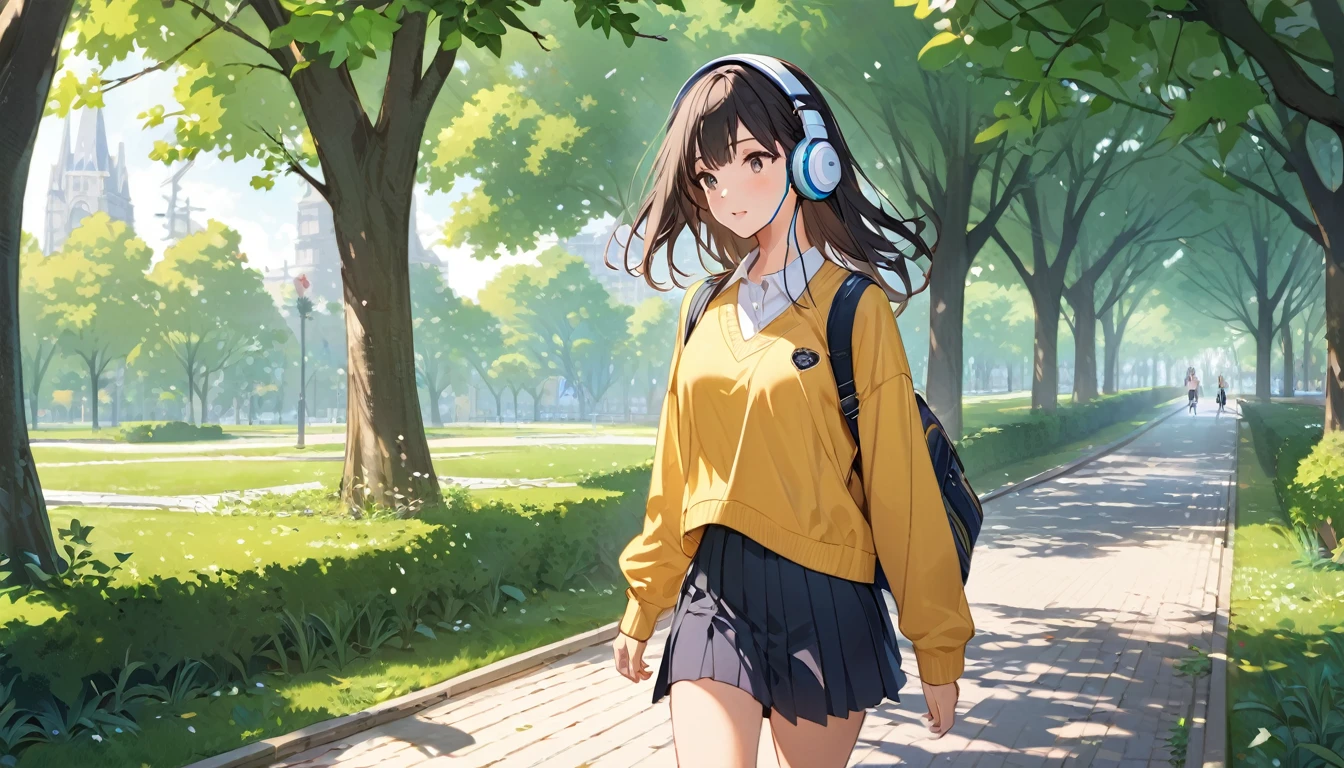 (Highest quality), One high school girl,,Headphones,Walking in the park,Fresh greenery