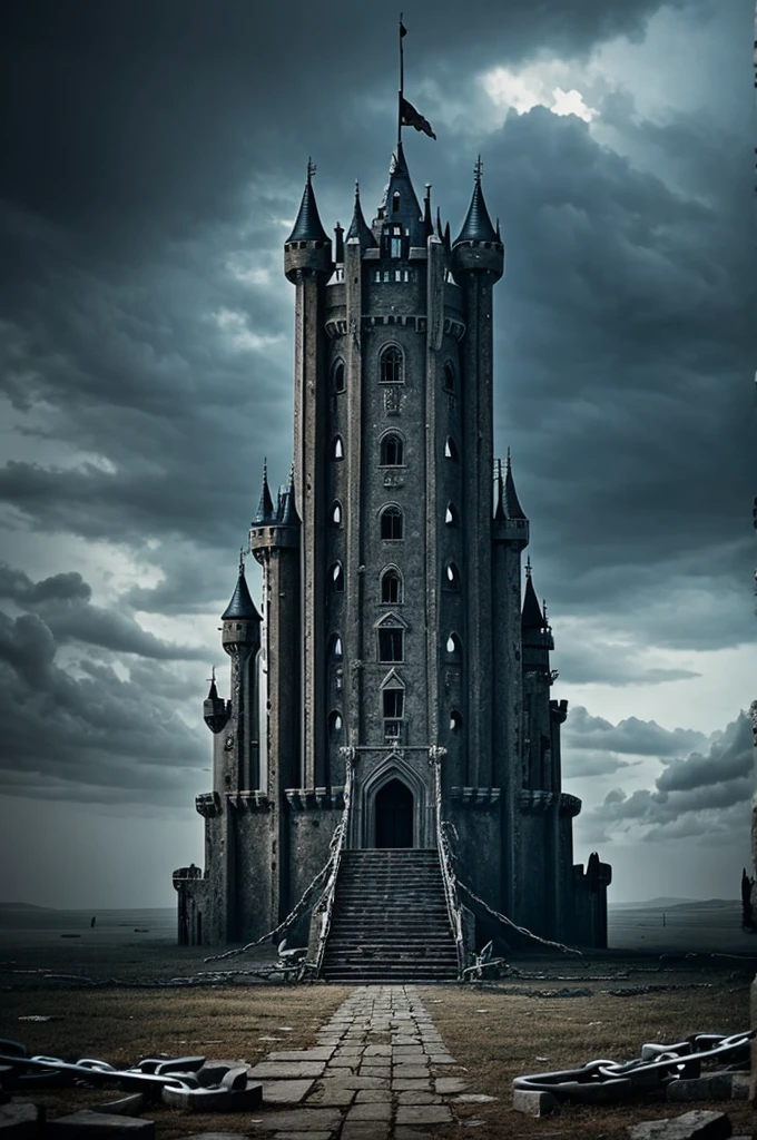 A broken castle with a single throne and chains everywhere and an its storming 