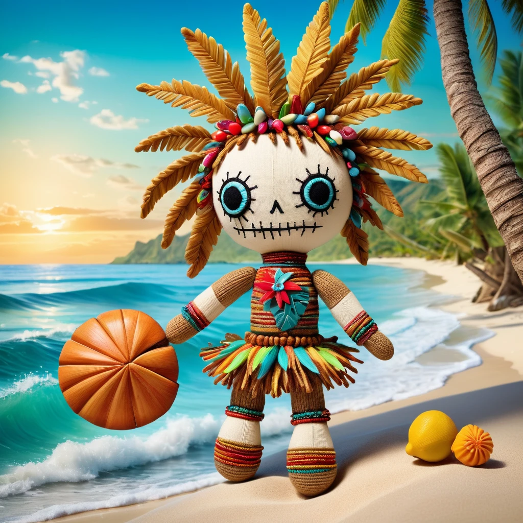 (knitted toy voodoo doll:1.5), (Voodoo Doll in a Tropical Paradise:1.3), (Clothing: beachwear with palm tree patterns:1.0), (Accessories: enchanted seashell emitting a soothing sound, floating tropical fruits:1.1), (background: sandy beach with turquoise waters, swaying palm trees, and a tranquil tropical breeze:1.2), best quality, masterpiece, detailed soft oil painting, detailed background, dramatic cinematic lighting, soft edge lighting, professional, dramatic lighting, hard edge lighting, ultra quality, 4k, masterpiece, best quality, 8k, ultra high definition, high resolution, extremely detailed