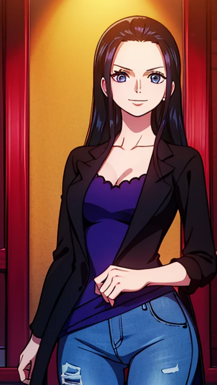 Nico robin, 1girl, solo, looking at viewer, cowboy shot, smiling, black hair, open hair, pirate, blue cerulean eyes, one piece nico robin, blue full jeans, dark purple dress, luxury room background, golden