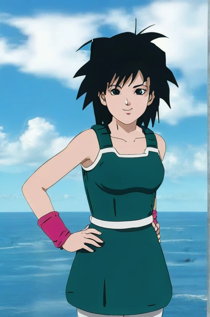 source_anime, score_9,score_8_up, score_7_up, ginedb, anime screencap,
1girl, solo, breasts, looking at viewer, smile, black hair, bare shoulders, medium breasts, closed mouth, standing, full body, black pantyhose, boots, outdoors, sky, day, cloud, water, blurry, black eyes, blue sky, bare arms, depth of field, blurry background, happy, cloudy sky, spiked hair, pink wristband, arm at side, rock, arms at sides, horizon, monkey tail, saiyan armor, green skirt, eyebrows, eyelashes, green saiyan armor, collarbone