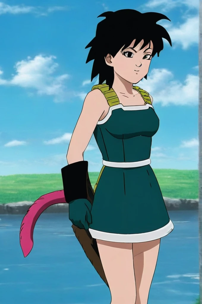 source_anime, score_9,score_8_up, score_7_up, ginedb, anime screencap,
1girl, solo, breasts, looking at viewer, smile, black hair, bare shoulders, medium breasts, closed mouth, standing, full body, black pantyhose, boots, outdoors, sky, day, cloud, water, blurry, black eyes, blue sky, bare arms, depth of field, blurry background, happy, cloudy sky, spiked hair, pink wristband, arm at side, rock, arms at sides, horizon, monkey tail, saiyan armor, green skirt, eyebrows, eyelashes, green saiyan armor, collarbone