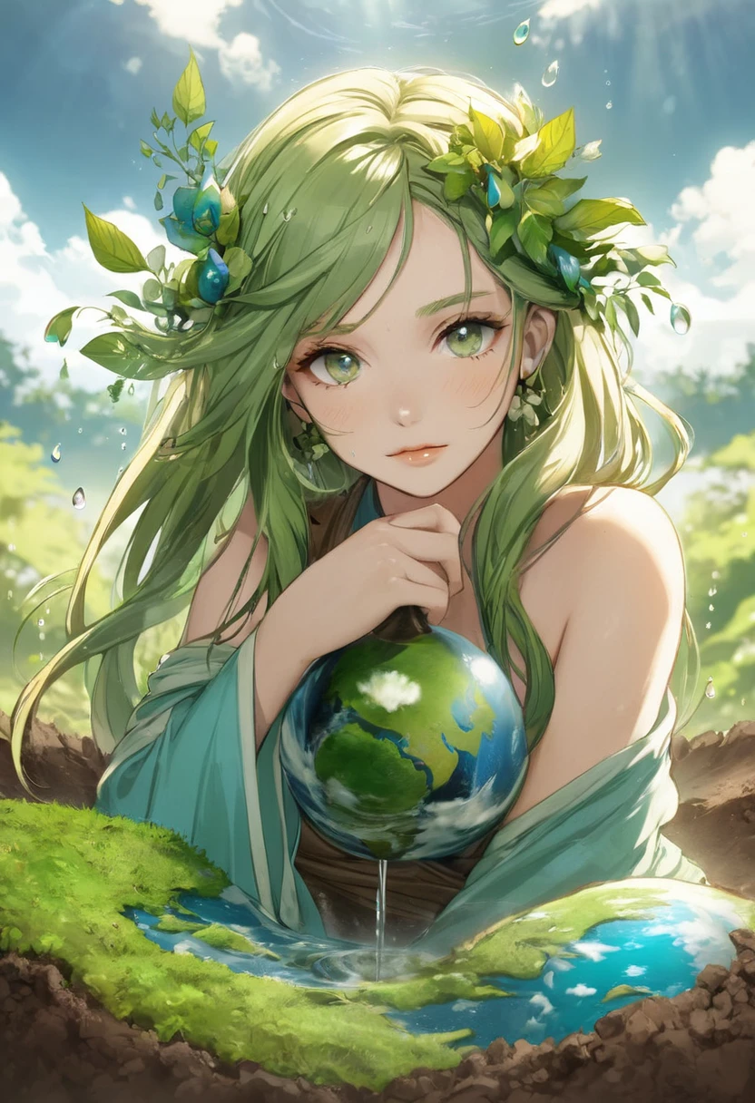 One girl, Female Earth Spirit, Earth-colored hair, Internal soil springs, Put a few drops of earth water on your skin,