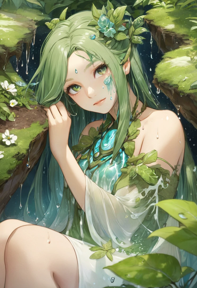 One girl, Female Earth Spirit, Earth-colored hair, Internal soil springs, Put a few drops of earth water on your skin,