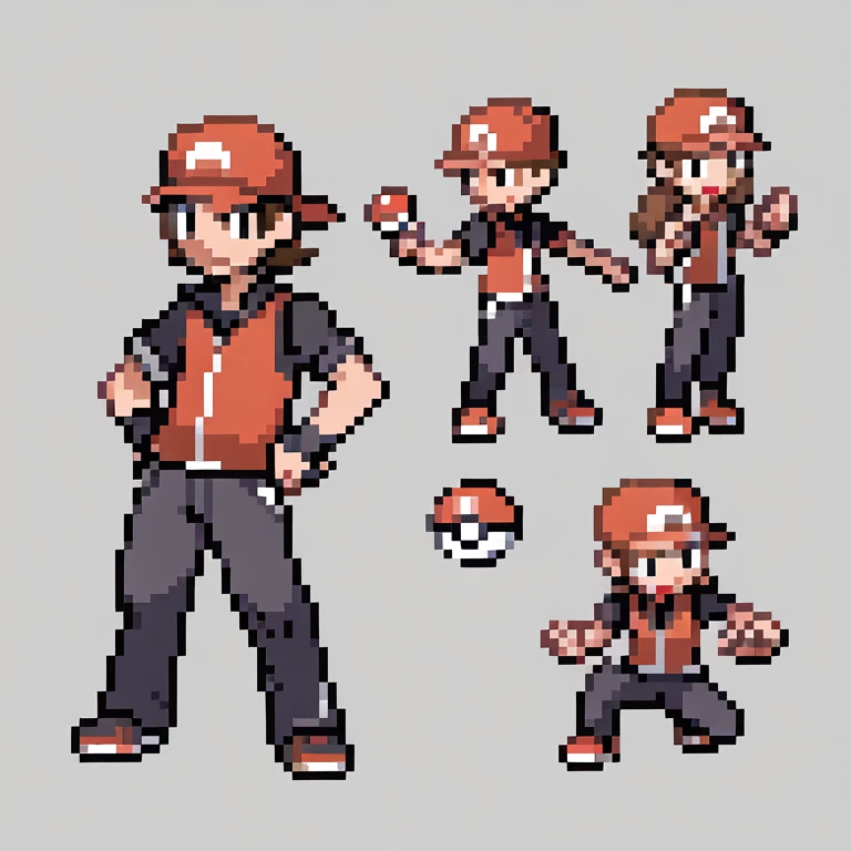 Pokemon trainer sprite, pixel art, sitting, holding a Poké Ball, brown hair, black shirt, black pants
