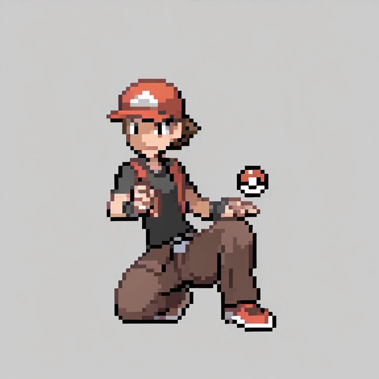 Pokemon trainer sprite, pixel art, sitting, holding a Poké Ball, brown hair, black shirt, black pants