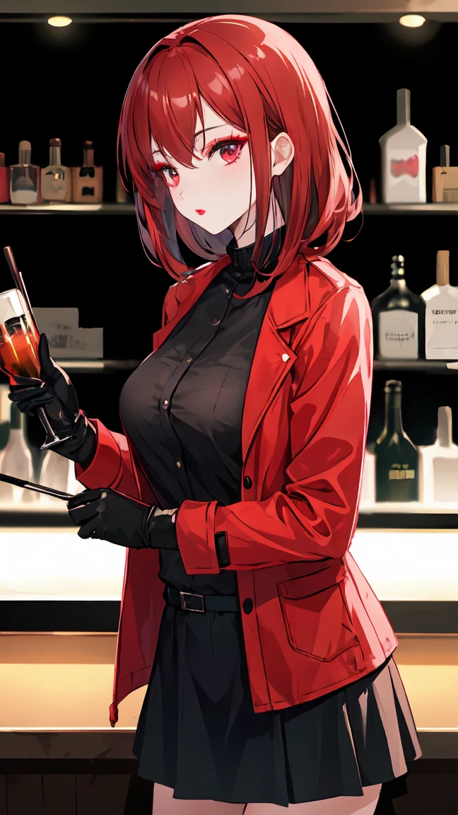 woman with dark red hair, with red eyeliner, makeup, light lipstick, red jacket, black gloves, black skirt, black shirt, in front of a bar