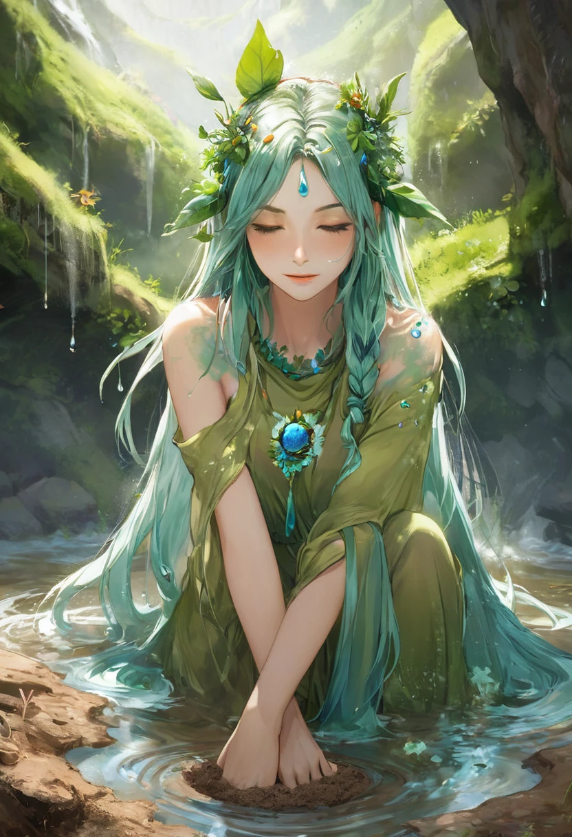 One girl, Female Earth Spirit, Earth-colored hair, Internal soil springs, Put a few drops of earth water on your skin,