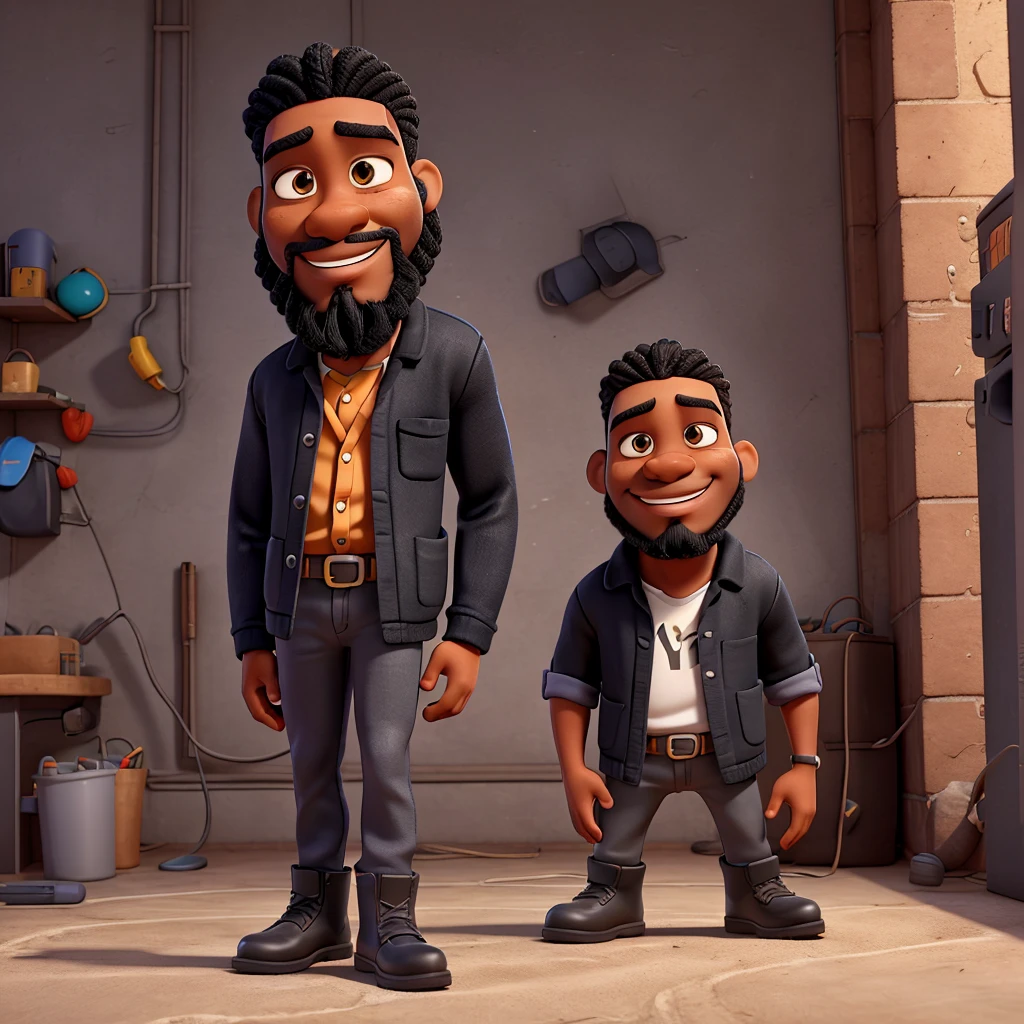 Pixar style 3D drawing, of a black man, braided straight hair, black beard, hand doing positive, gray electrician uniform, black boots, hand doing positive