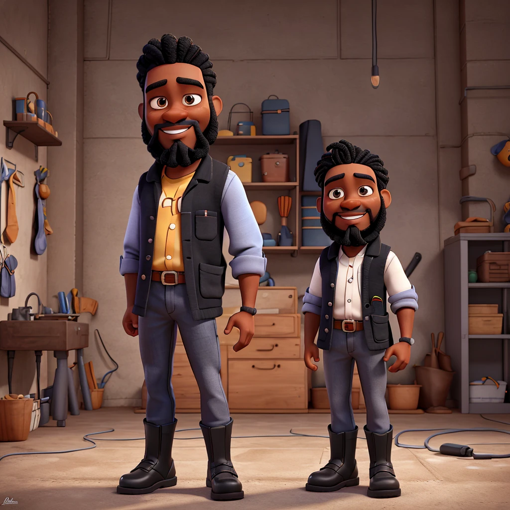 Pixar style 3D drawing, of a black man, braided straight hair, black beard, hand doing positive, gray electrician uniform, black boots, hand doing positive