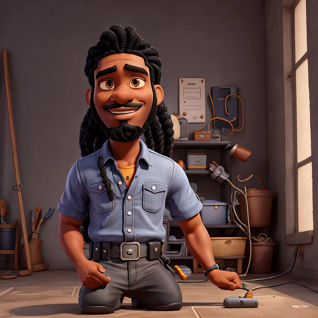 Pixar style 3D drawing, of a black man, braided straight hair, black beard, hand doing positive, gray electrician uniform, black boots, hand doing positive
