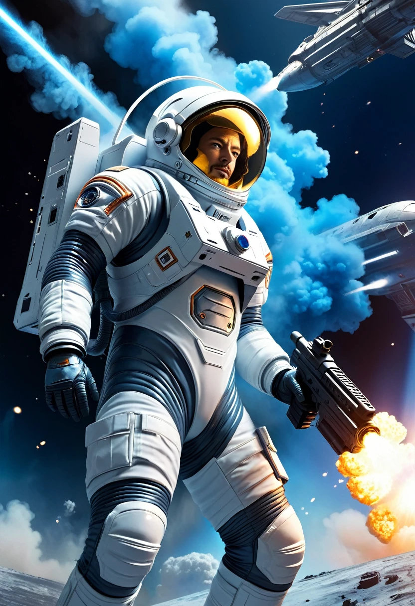   Perfect Anatomy Close-up of a man in a spacesuit standing in front of a spaceship holding a gun (Combat dynamic poses) Spaceship edge explosion fire battle sci-fi smoke movie scene surreal intricate sci-fi digital art illustration edge blue light light and shadow effect best quality detailed depiction sci-fi digital art illustration extremely delicate art work ultra-precision art,Stunning digital art 