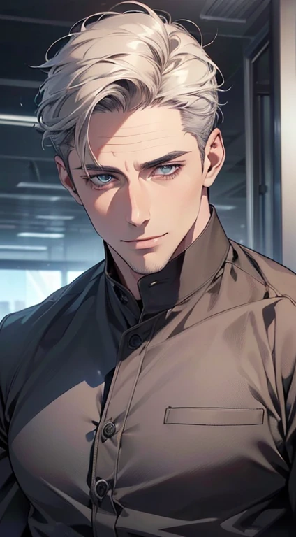 (best quality,4k,8k,highres,masterpiece:1.2),ultra-detailed,(realistic,photorealistic,photo-realistic:1.37),1 man,31 years old,mature man,very handsome,without expression,smile,short grey hair,blue eyes,penetrating gaze,perfect face without errors,imposing posture,businessman,office background,cinematic lighting,hdr image