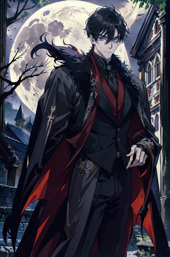 (nonsense, height, Very detailed), 1 man, adult, focus man, handsome, handsome, tall muscular man, Broad shoulders, Intricately detailed eyes and detailed face, short hairสีดำ, blue eyes, handsome, black suit, Fantasy, uniform, royal, ข้างหลังเขาเป็นfull moon, This is what a real vampire looks like.! ancient vampire clothing, elegant, like a gentleman. He smiled friendlyly., Behind it is a brown church window., There was moonlight reflected behind.. All this in beautiful and gloomy light., which makes it look amazing. 4k wallpaper (High quality: 1.2, church at night: 1.5, ancient vampire clothing: 1.4) (((at night))) (exciting light, mysterious darkness) (((full moon))) designated face) perfect hand)Amazing light and shadow, view, Portrait,black fur shawl(Masterpiece,best quality,special, (Broad shoulders)) (muscle), black hair, short hair, ดวงblue eyes , ภาพระยะใกล้ของบุคคลในเสื้อคลุมสีดำและblack hair,
