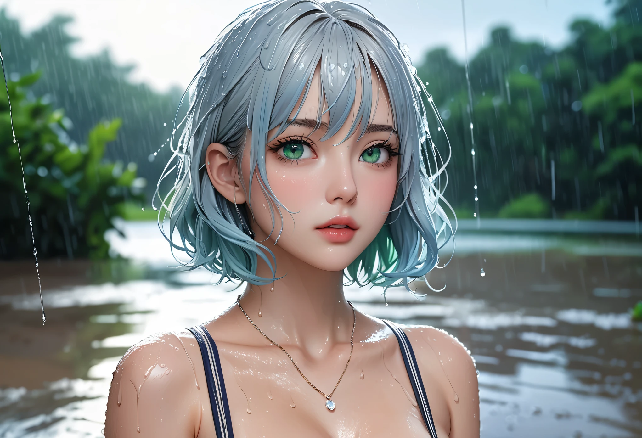 (best quality, 16K, masterpiece :1.3), pretty Woman, 1 girl, (Large Breasts, Beautiful clavicle, Attractive figure :1.2), short hair, Wavy ends, Silver hair gradient light blue hair, messy hair, side chain, (wet from rain, get wet by rain, wet :1.2), Sky blue gradient lake green eyes, Look up, students shine, Students reflect on their surroundings, super detailed face, delicate lips, exquisite eyes, double eyelids, long upper eyelashes,