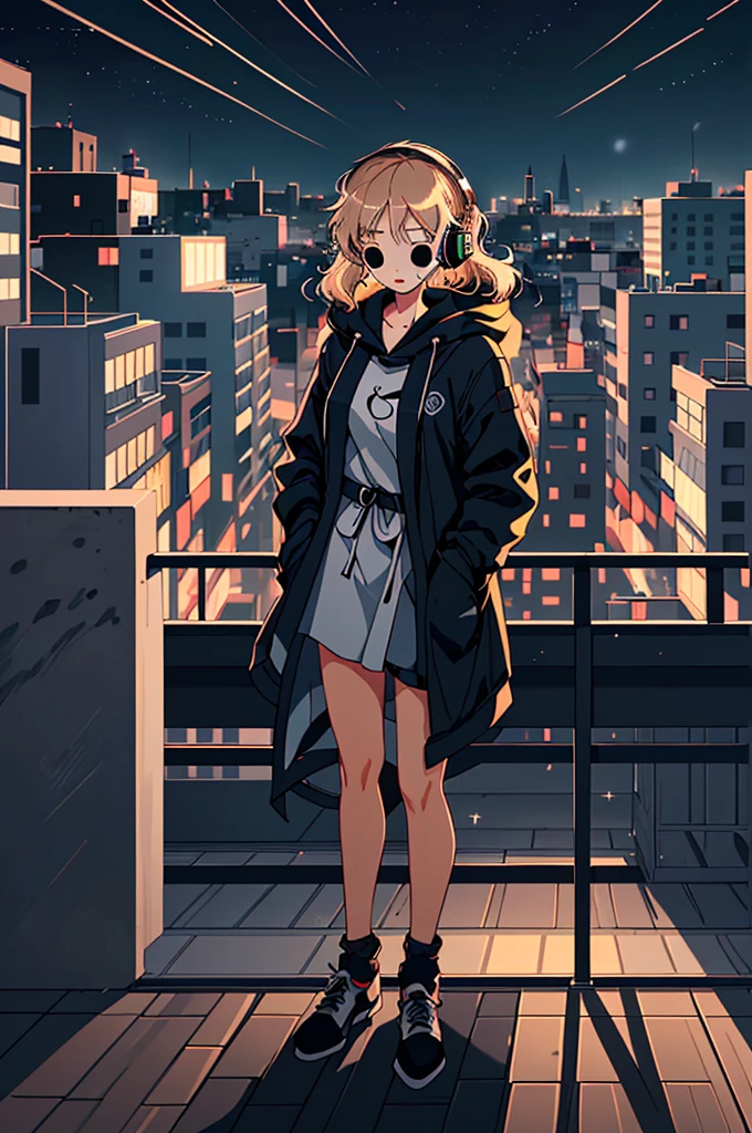 Create an illustration of a person with obscured facial features, wearing headphones and standing in front of a balcony railing with a cityscape in the background. It’s nighttime, and the city is alive with lights. Include waveform graphics at the bottom to represent the music or audio experience