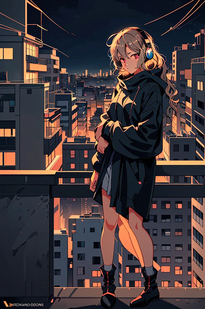 Create an illustration of a person with obscured facial features, wearing headphones and standing in front of a balcony railing with a cityscape in the background. It’s nighttime, and the city is alive with lights. Include waveform graphics at the bottom to represent the music or audio experience