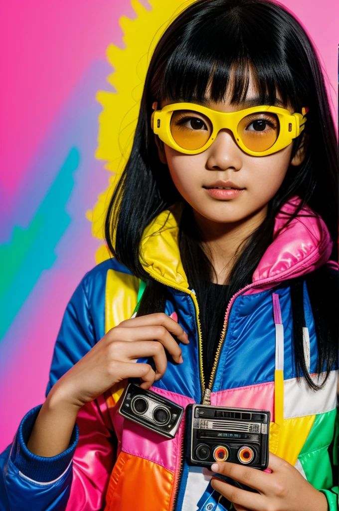 A young Asian girl with black hair wearing large colorful goggles and holding a cassette tape in front of her face, set against a vibrant neon background