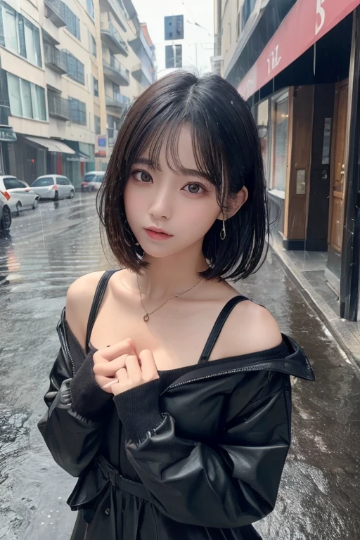 ((Highest quality, 8K, masterpiece:1.3)), concentrate: 1.2, Perfect Body Beauty: 1.4, Hip: 1.2, ((Layered Haircut, chest: 1.2)), (Wet clothes: 1.1), (rain, street:1.3), Bandeau dress: 1.1, Highly detailed face and skin texture, Beautiful Eyes, Long, narrow eyes、Whitening skin, Long Hair, (shut up: 1.3)、Thin cheeks、Only black eyes、like a devil、Horror