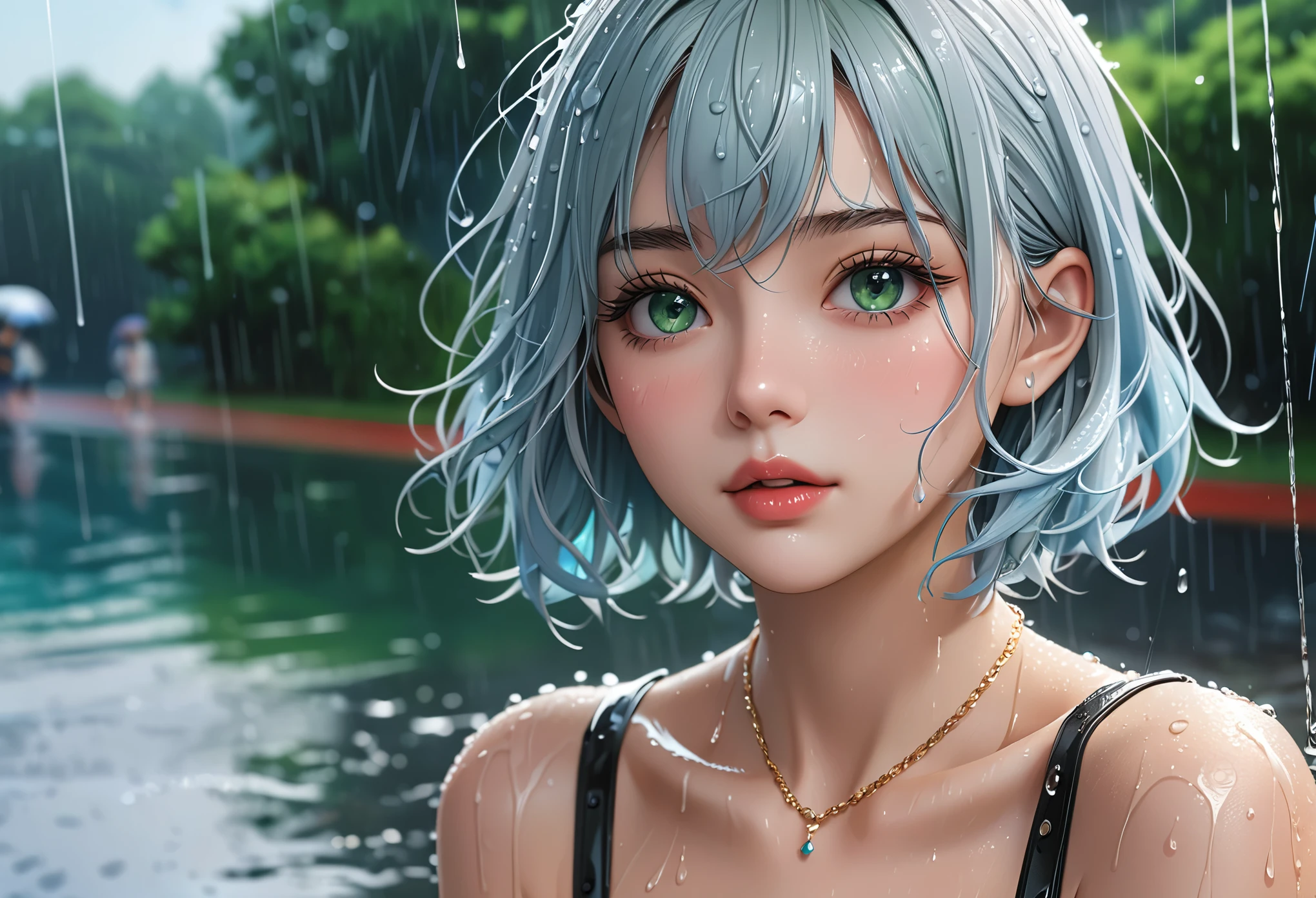 (best quality, 16K, masterpiece :1.3), pretty Woman, 1 girl, (Large Breasts, Beautiful clavicle, Attractive figure :1.2), short hair, Wavy ends, Silver hair gradient light blue hair, messy hair, side chain, (wet from rain, get wet by rain, wet :1.2), Sky blue gradient lake green eyes, Look up, students shine, Students reflect on their surroundings, super detailed face, delicate lips, exquisite eyes, double eyelids, long upper eyelashes,