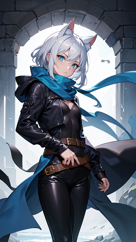 work of art, best qualityer, high resolution, 1 girl, synonym 1, scarf, short hair, mitts, ninja mask, long sleeves, leather pants, White hair, Cat's ears, cat tail, roupas de rogue, leather pants, holding, holding faca, heterochromia, yellow eye, blue eye, , hooded cloak, rogue rpg, rpg, ninja, ruins, medioval