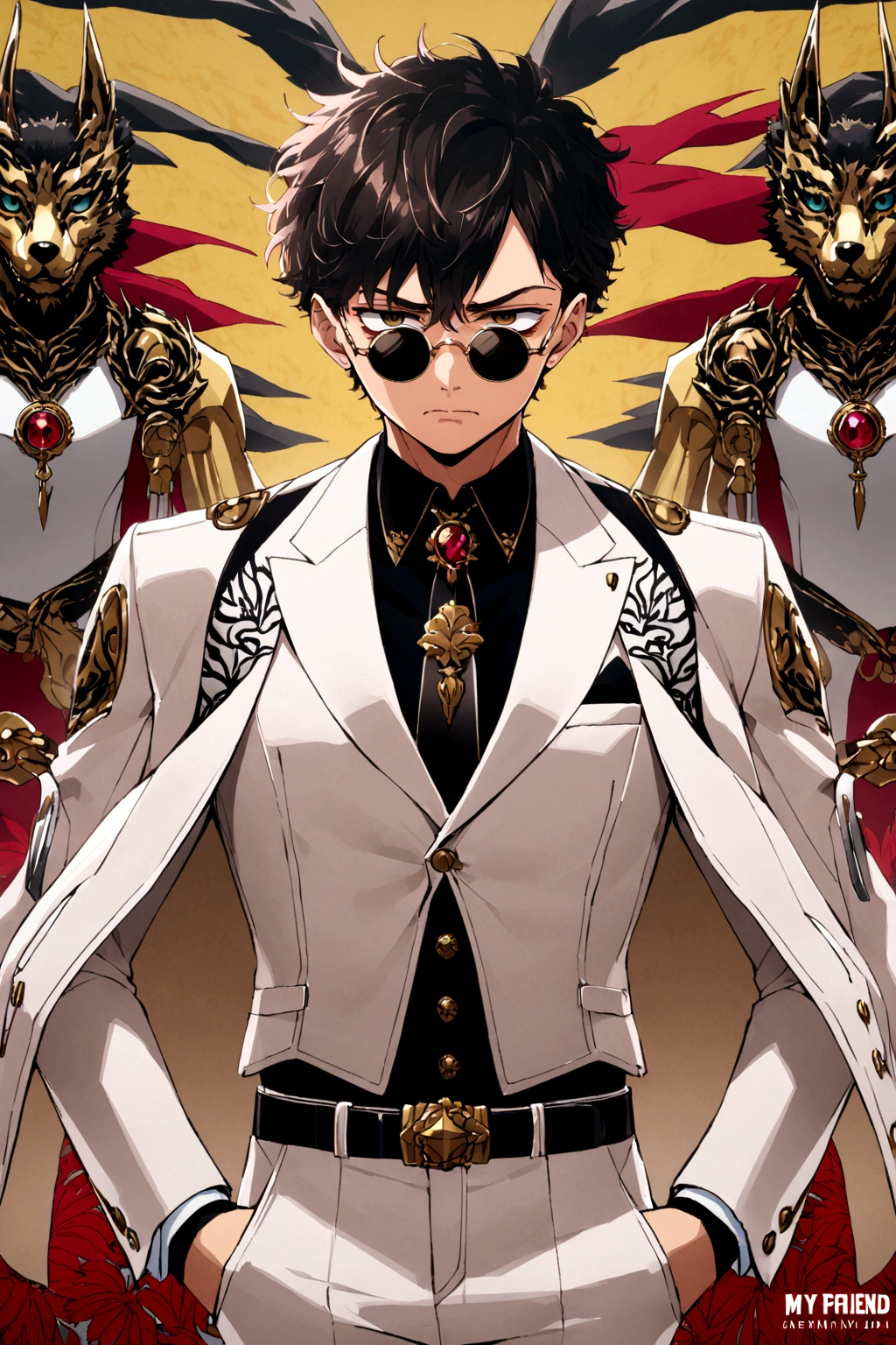 Kyotaro Ichikawa (My friend and I), defined body, very serious expression, round sunglasses, An open white suit jacket with black details on the shoulders., a black shirt under the suit with a skinny tie that has a gold brooch with a wolf figure. his belt, It has a large, decorative buckle, white dress pants, blood stained clothes, elegant clothes, holding a knife with a golden handle. Alone, yellow background 