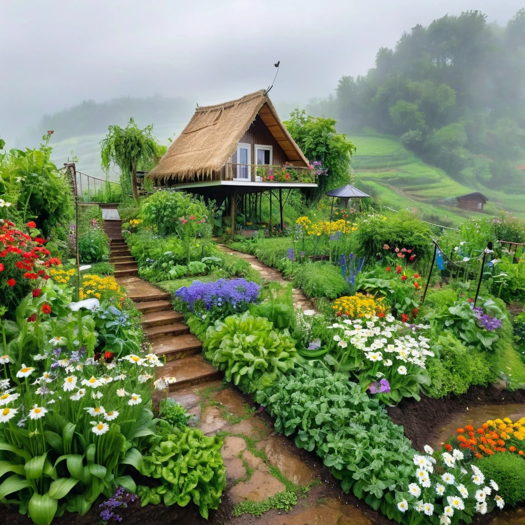 view from far, cottage, the sacred symbol of nature, A straw house on the hill (stilt house), garden around the house with vegetables, A pathway to the house with many flowers, white daisys, violets, bluebottles. A swing in the yard. In front of the house is a valley with vegetables. scenery, a rainy day.