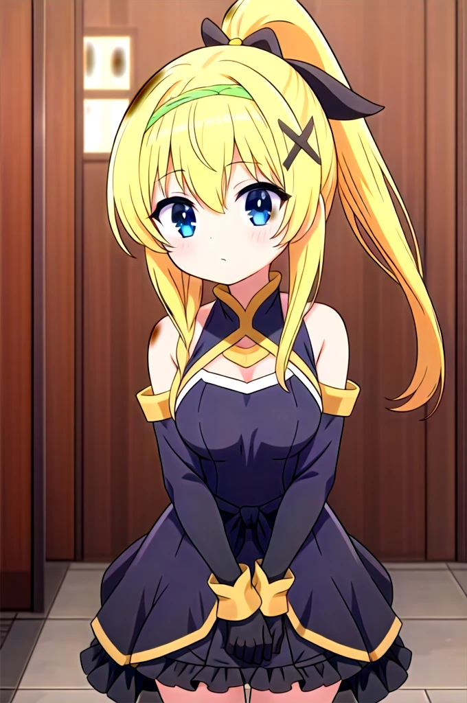 darkness (konosuba),1girl,solo,long hair,breasts,looking at viewer,blonde hair,hair ornament,gloves,ribbon,ponytail,black gloves,armor,x hair ornament,shoulder armor,pauldrons,darkness (konosuba)