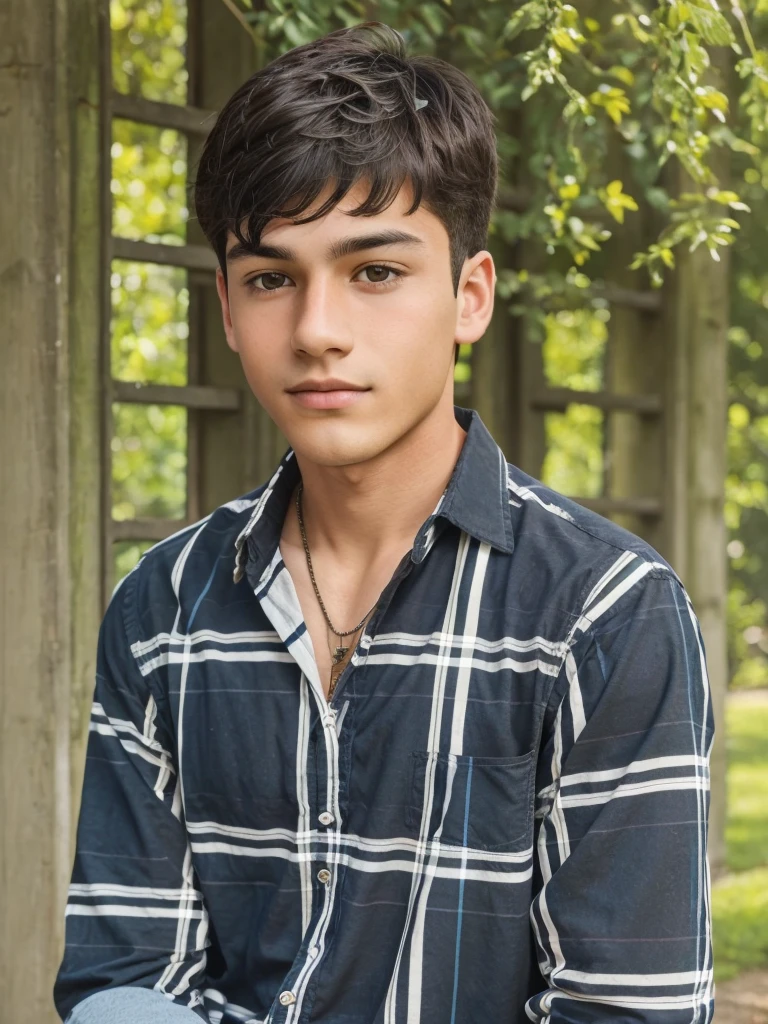 The image shows a 20 years Boy with dark hair, wearing a plaid shirt and  He appears to be in an outdoor setting, possibly a garden or park.