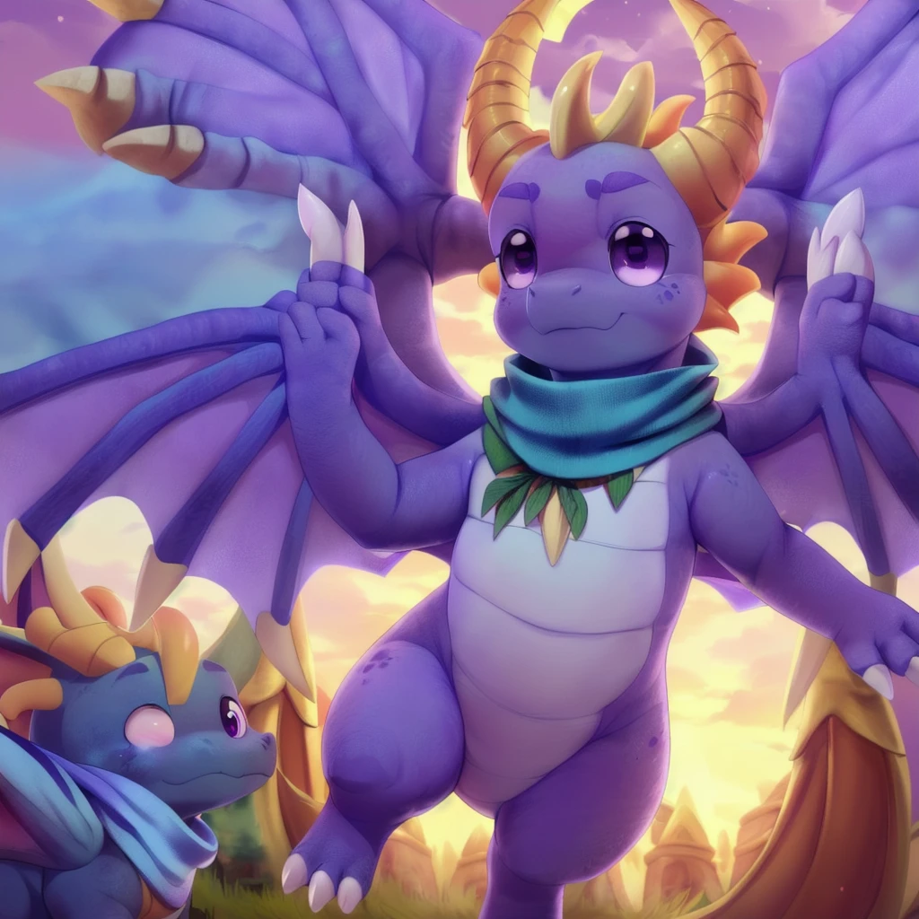 (by Ricegnat, by Bebebebebe, by Prrrrrrmine, by Dagasi), (dragon spyro, chibi, spread wings, blue scarf:1.3), (fluffy, purple body, wings, purple eyes, round eyes, white claws:1.25), backlighting, masterpiece, best quality, ultra realistic, 4k, 2k, (high detail:1.25)