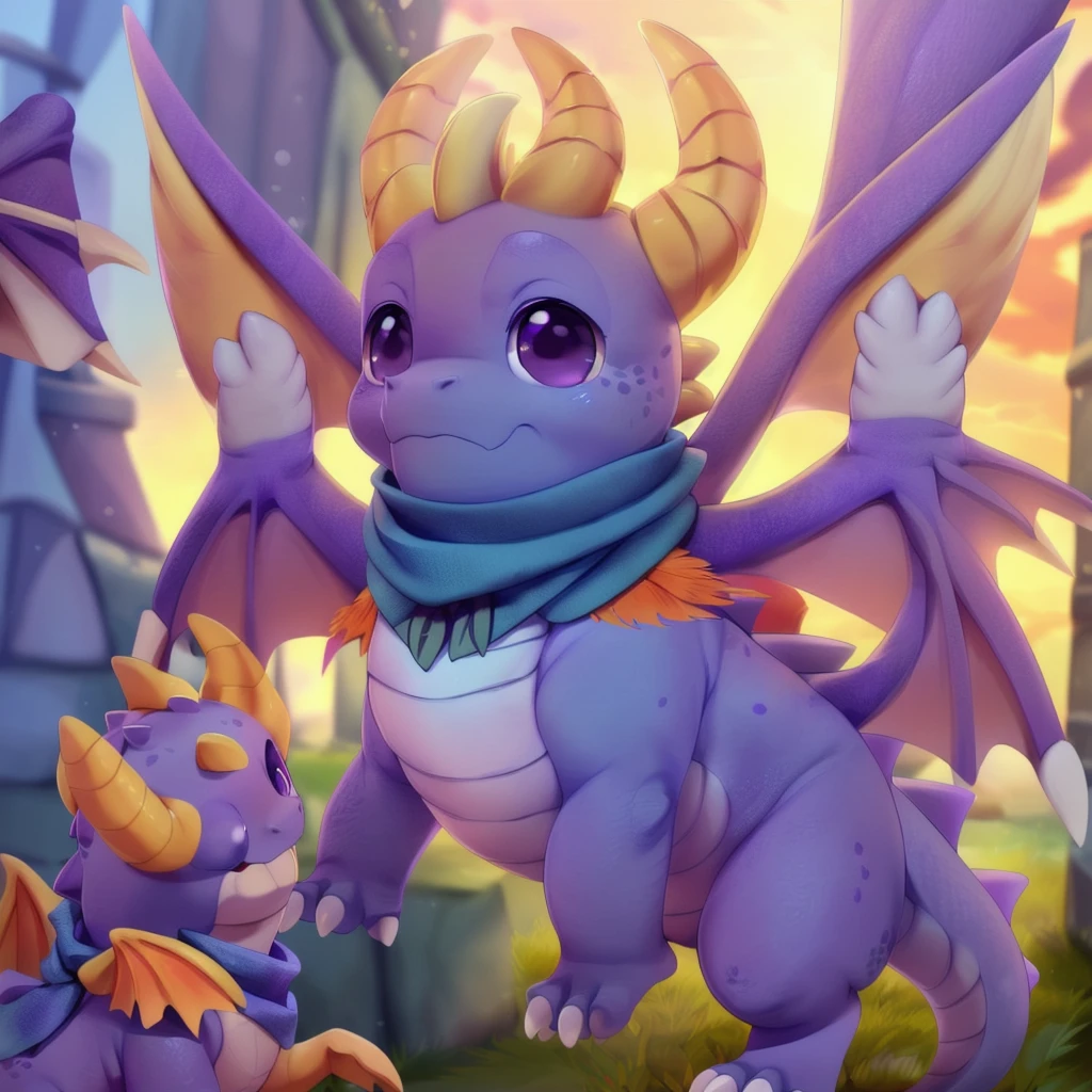 (by Ricegnat, by Bebebebebe, by Prrrrrrmine, by Dagasi), (dragon spyro, chibi, spread wings, blue scarf:1.3), (fluffy, purple body, wings, purple eyes, round eyes, white claws:1.25), backlighting, masterpiece, best quality, ultra realistic, 4k, 2k, (high detail:1.25)