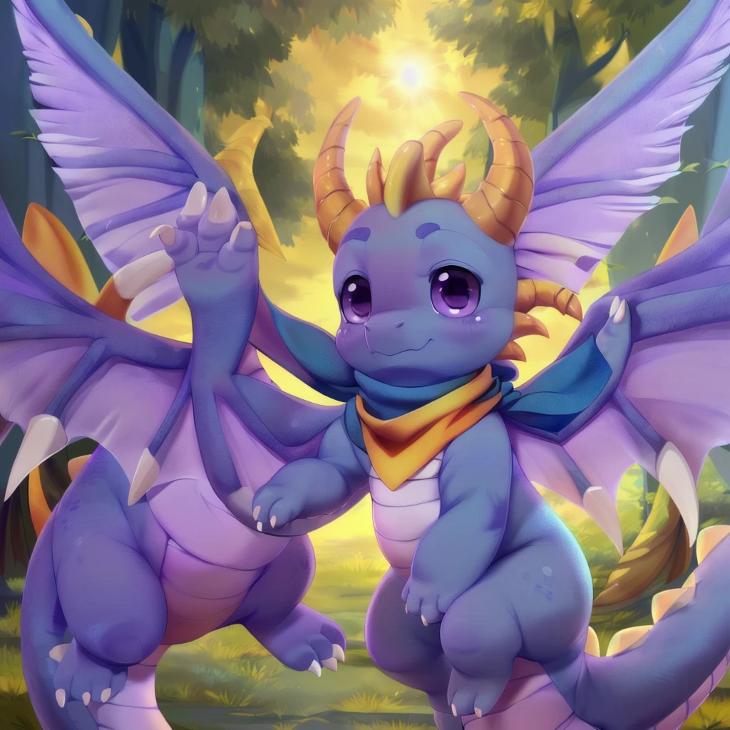 (by Ricegnat, by Bebebebebe, by Prrrrrrmine, by Dagasi), (dragon spyro, chibi, spread wings, blue scarf:1.3), (fluffy, purple body, wings, purple eyes, round eyes, white claws:1.25), backlighting, masterpiece, best quality, ultra realistic, 4k, 2k, (high detail:1.25)