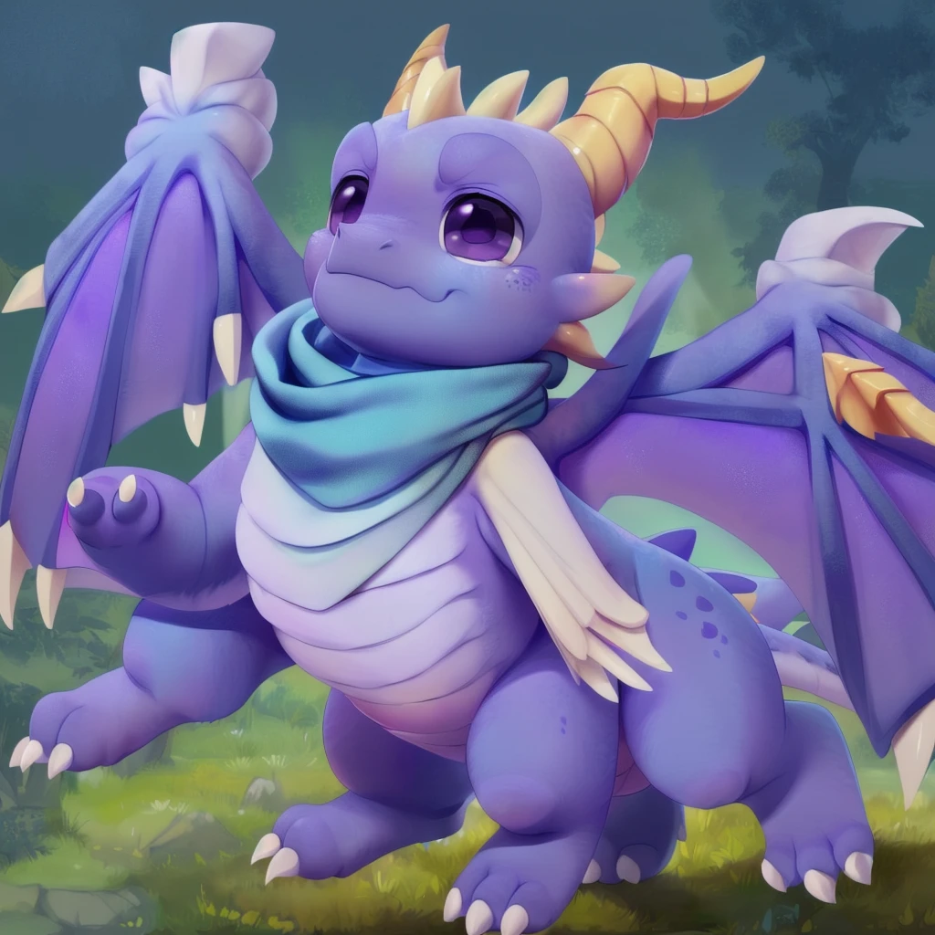 (by Ricegnat, by Bebebebebe, by Prrrrrrmine, by Dagasi), (dragon spyro, chibi, spread wings, blue scarf:1.3), (fluffy, purple body, wings, purple eyes, round eyes, white claws:1.25), backlighting, masterpiece, best quality, ultra realistic, 4k, 2k, (high detail:1.25)