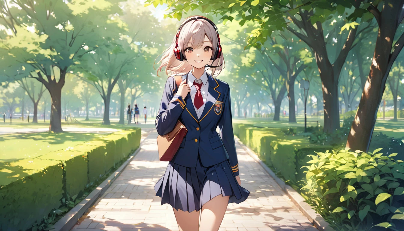 (Highest quality), One high school girl,uniform,smile,Headphones,Walking in the park,Fresh greenery