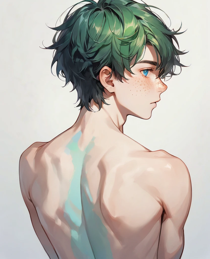 boy 16 years old, he has a lot of freckles on his face, Shoulders, back, palms, he has heterochromia eyes and his right eye is blue, and the left one is green